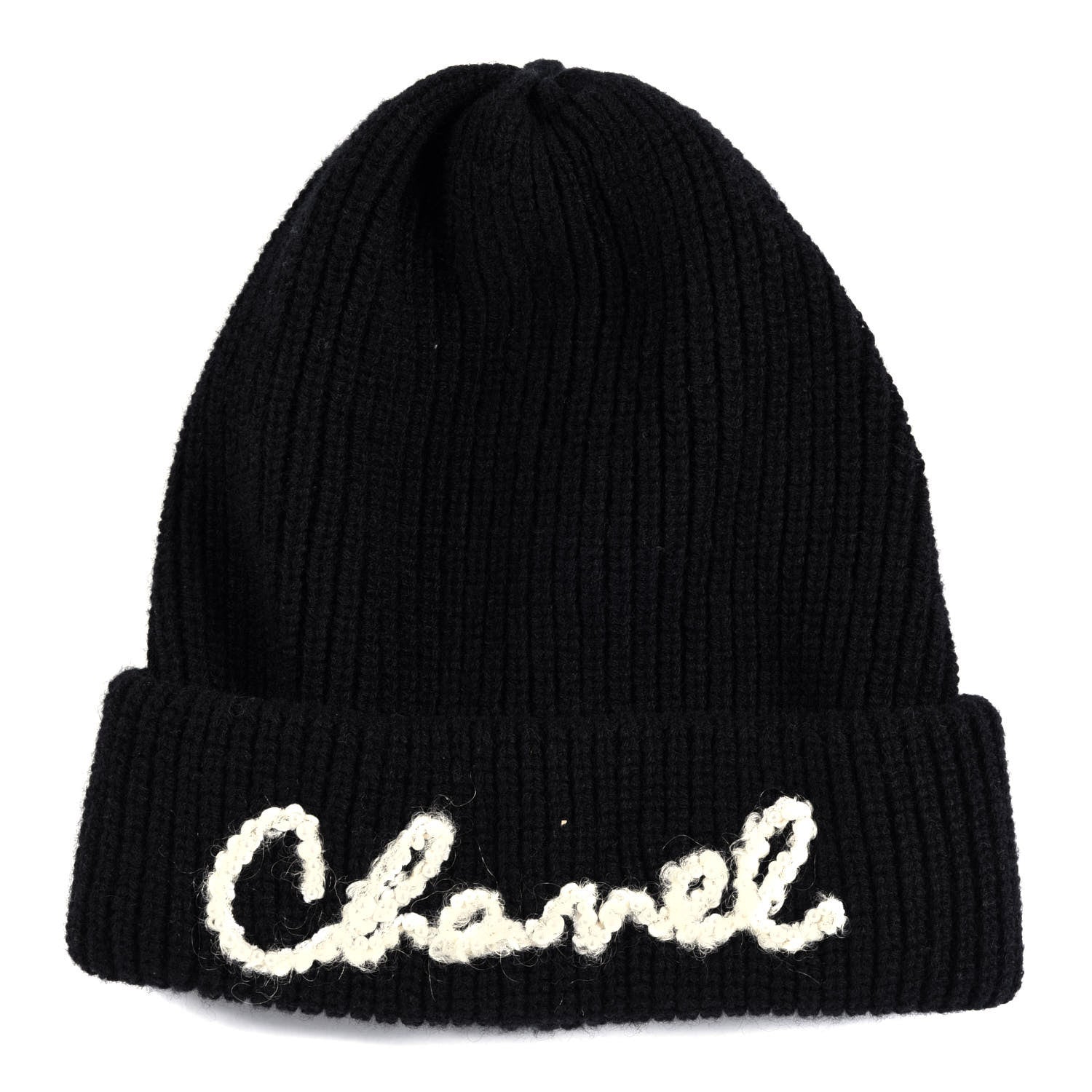 Chanel Cashmere Embroidered Beanie Hat Black White 1 of 3
