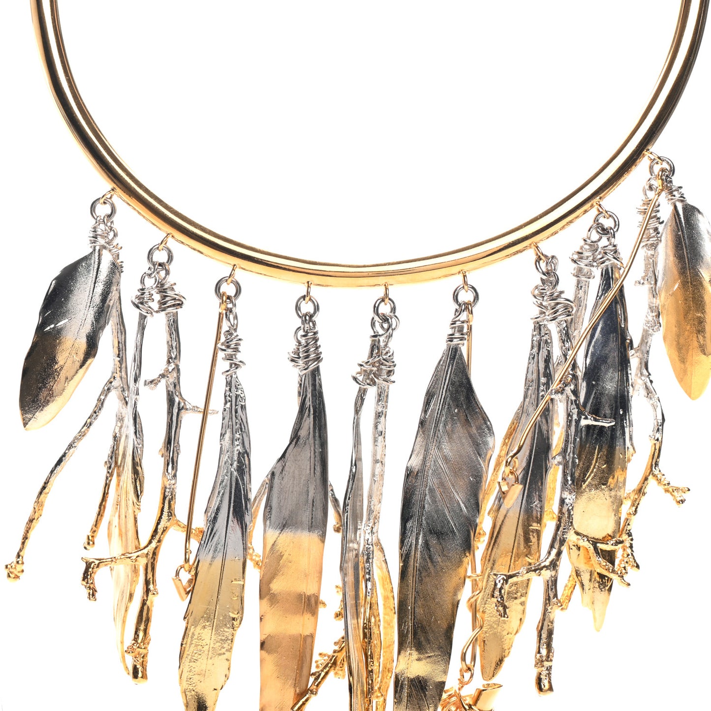 Metal Feathers Crew Necklace Gold Silver