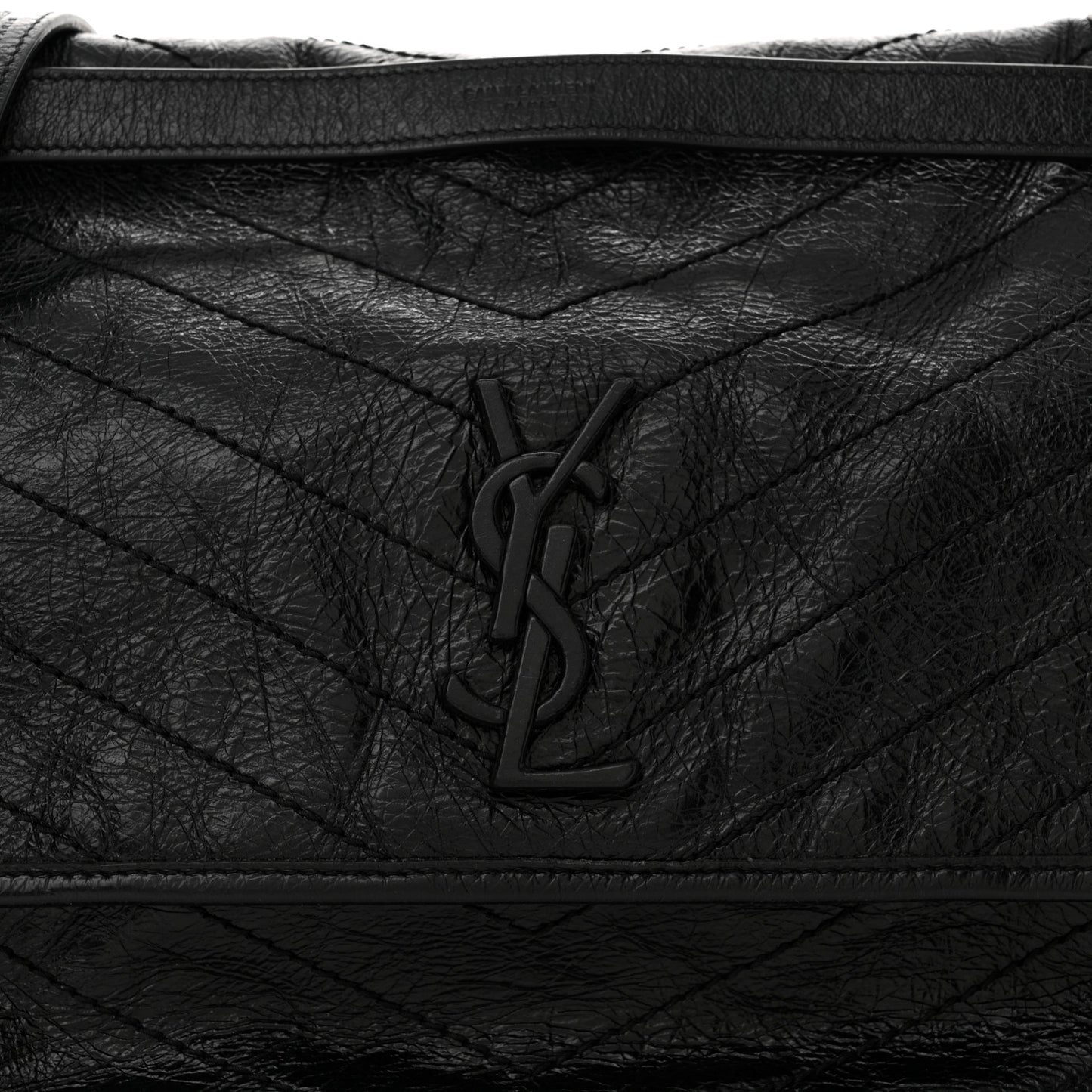 Crinkled Calfskin Matelasse Monogram Large Niki Chain Satchel Black