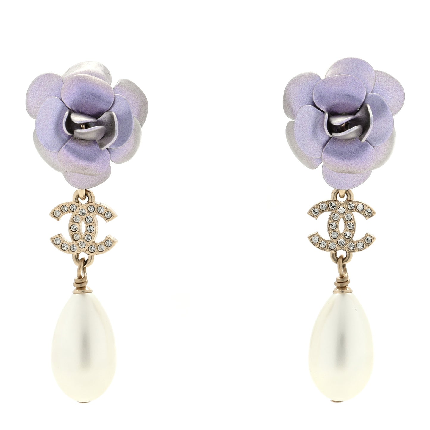 Metal Crystal Pearl 90s Camellia CC Drop Earrings Gold