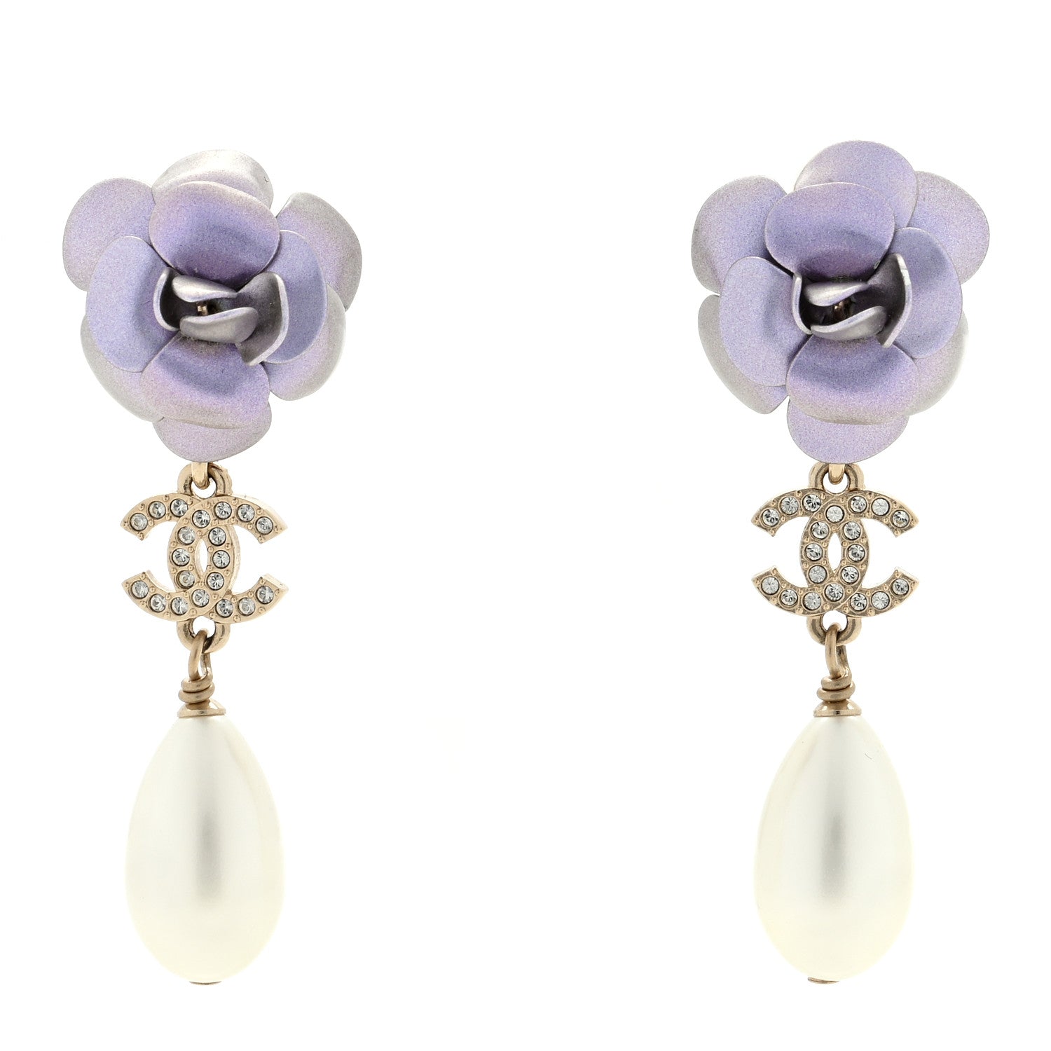 Chanel Metal Crystal Pearl 90s Camellia CC Drop Earrings Gold 1 of 4
