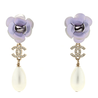 Chanel Metal Crystal Pearl 90s Camellia CC Drop Earrings Gold 1 of 4