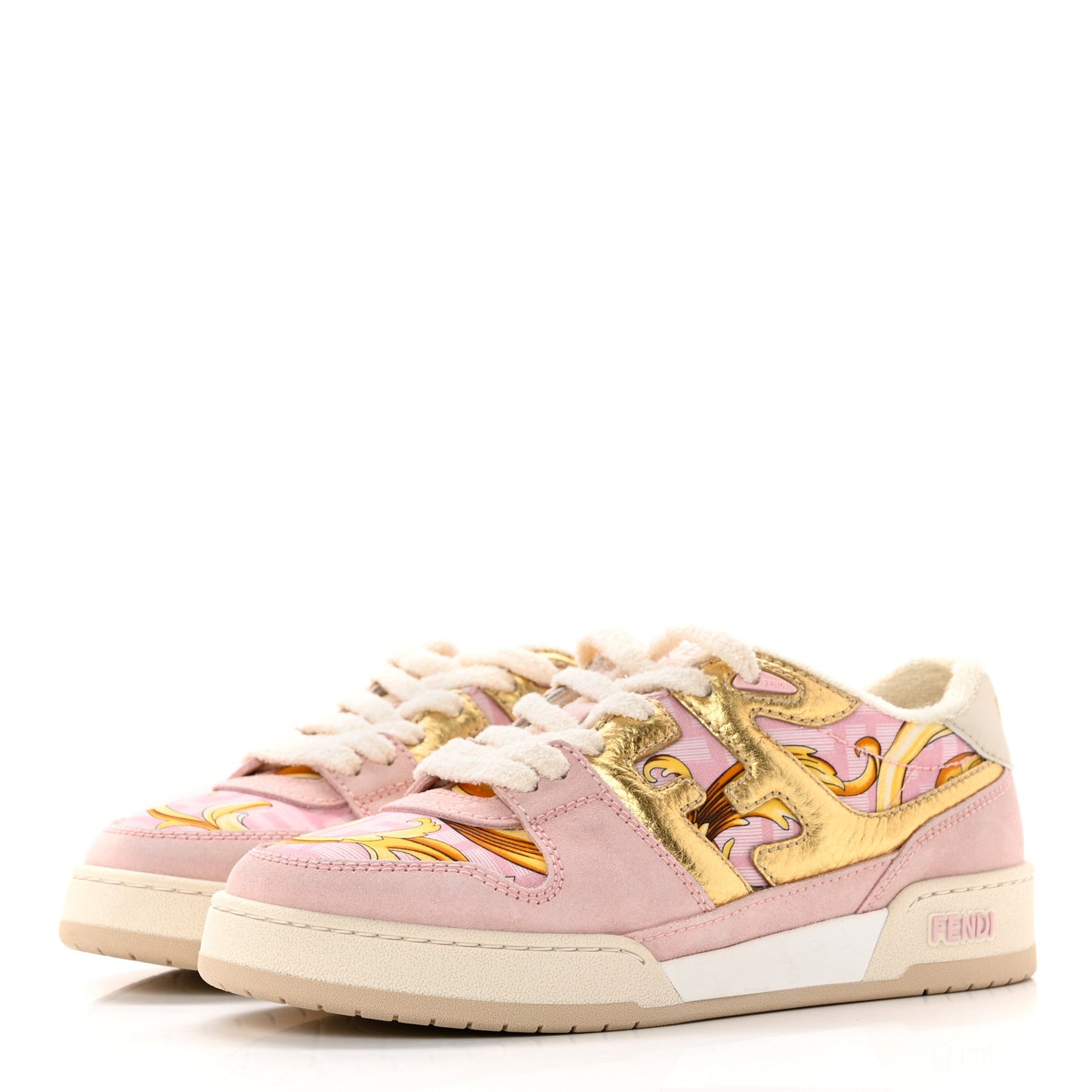 X FENDI Suede Fabric FF Baroque Womens Fendace Match Sneakers 38 Pink Gold Multicolor