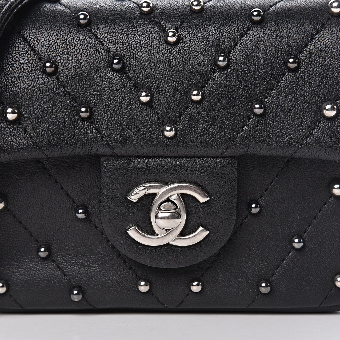 Lambskin Chevron Quilted Studded Mini Flap Black