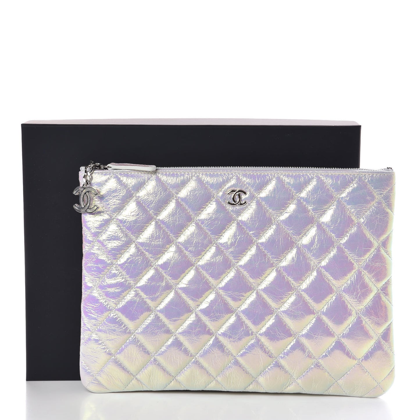 Iridescent Crumpled Calfskin Medium Cosmetic Case White