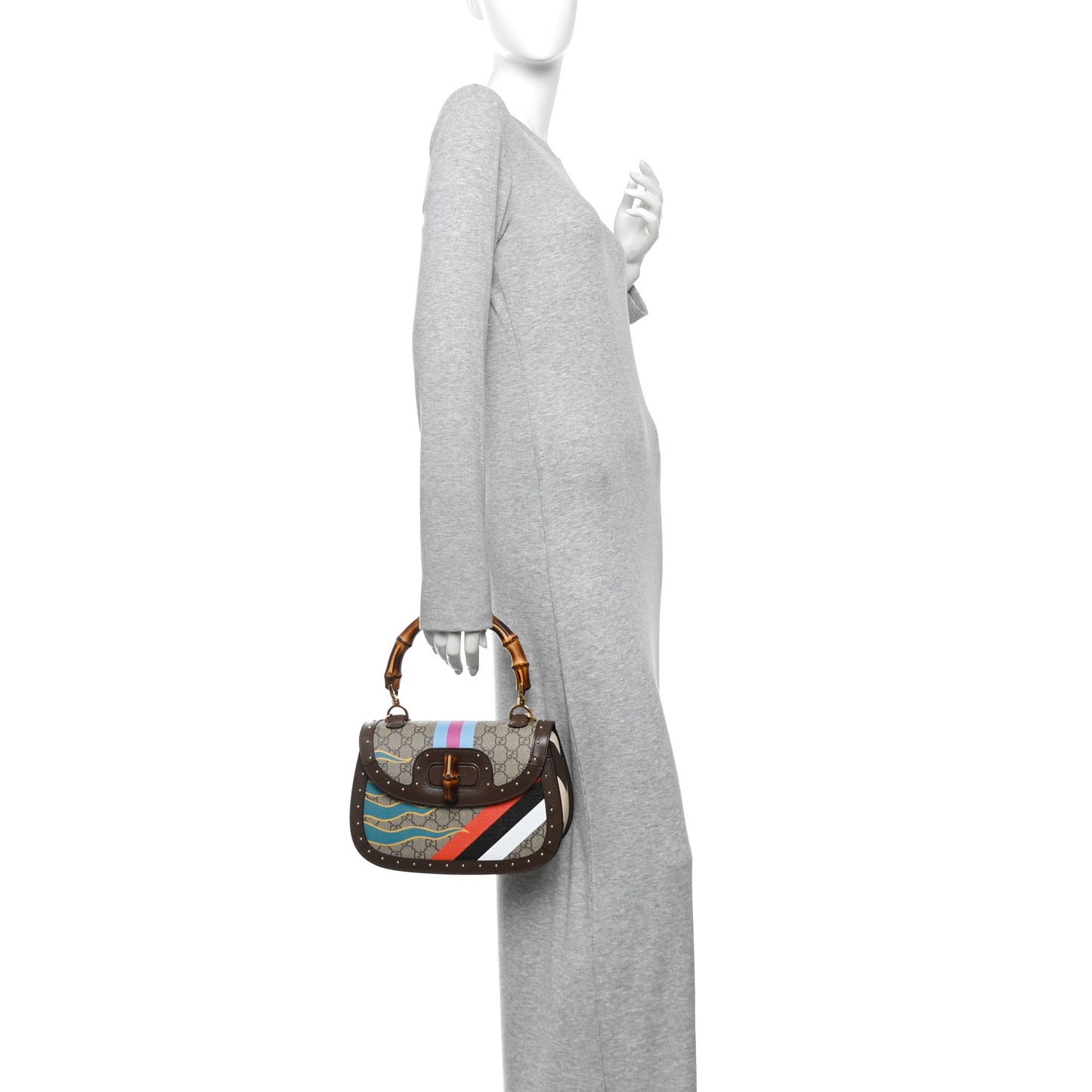 GG Supreme Monogram Studded Calfskin 100 Centennial Geometric Medium Bamboo 1947 Top Handle Bag Beige Ebony Multicolor