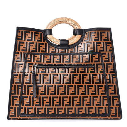 Fendi Vitello Century Wicker FF Embossed Large Runaway Shopper Tote Tobacco Black 1 of 7