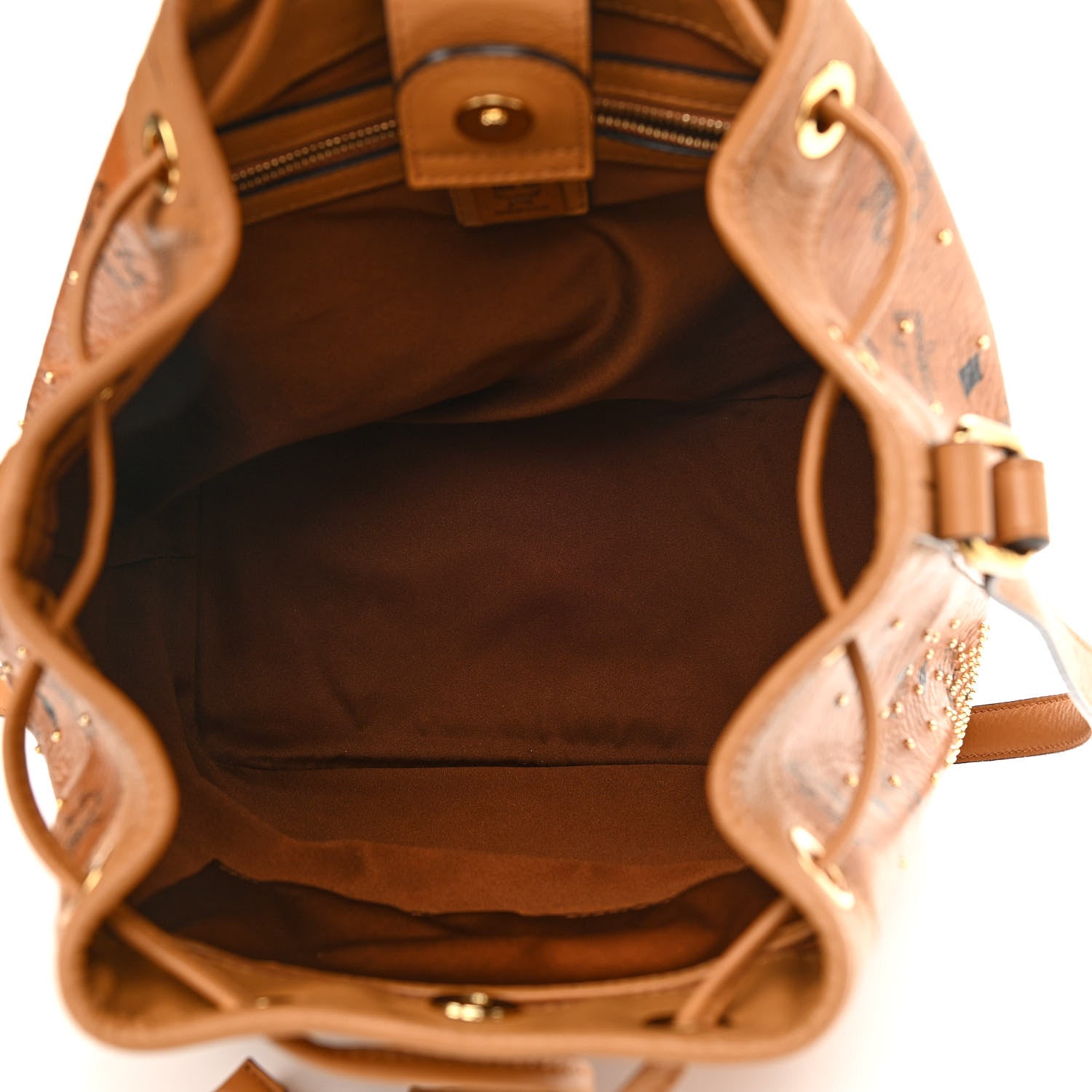 MCM Visetos Heritage Studded Drawstring Bucket Bag Cognac 5 of 10