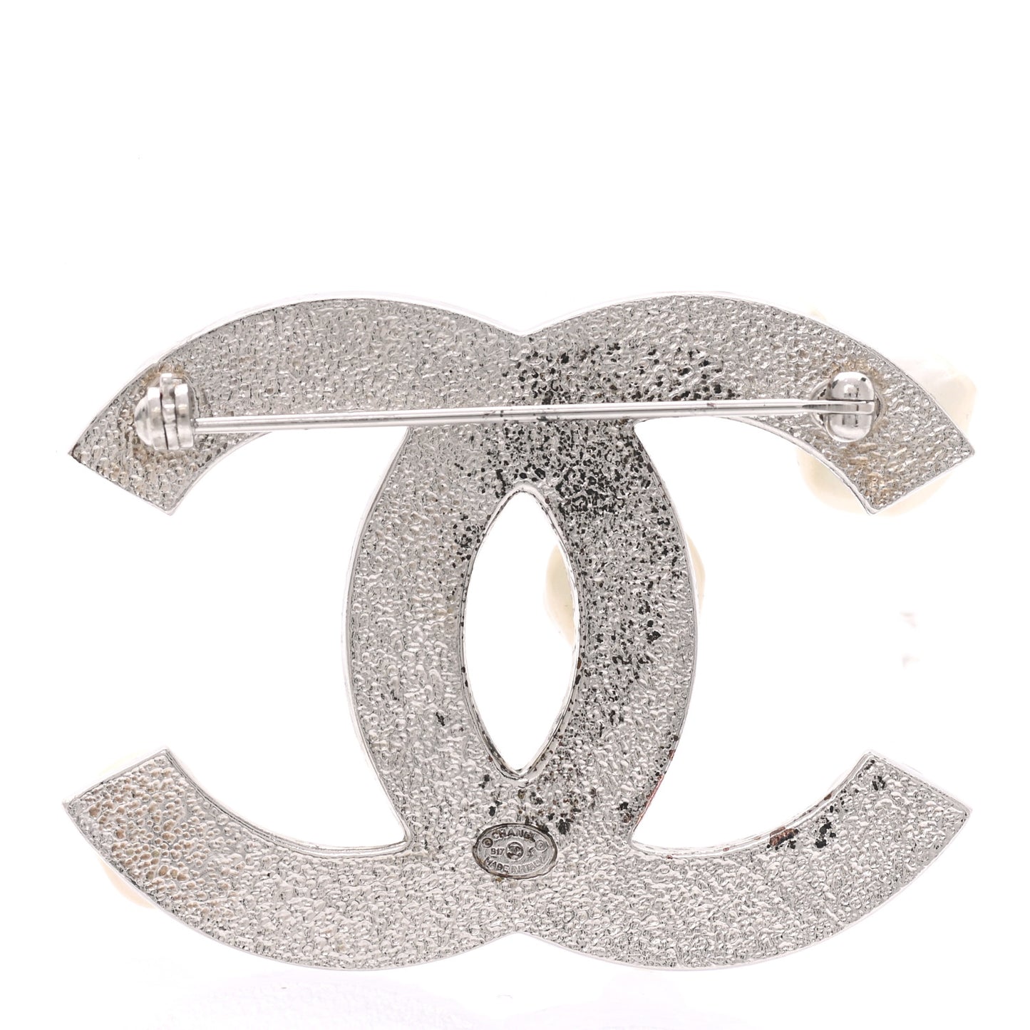 Pearl Crystal CC Mini Brooch Silver