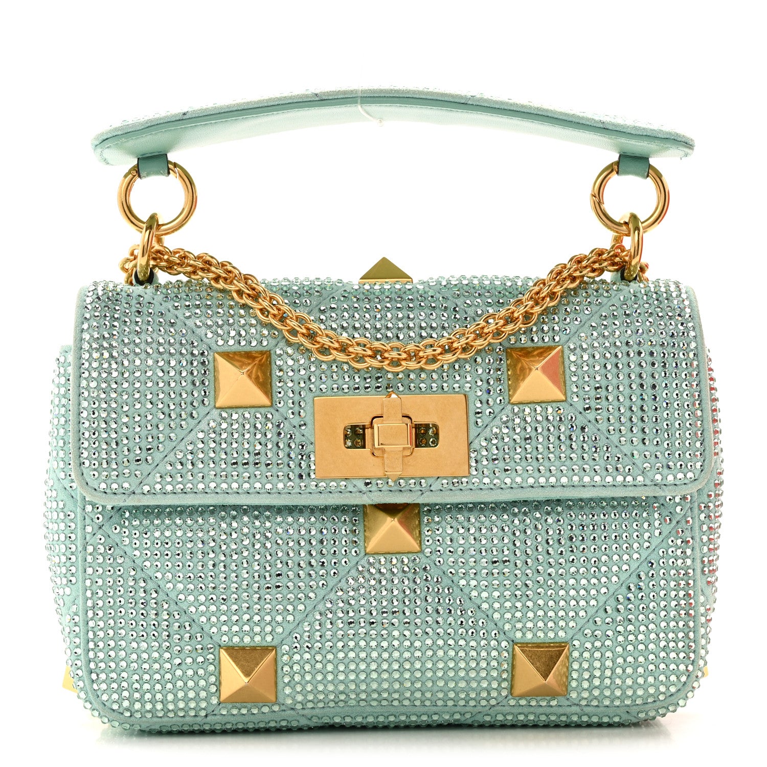 Valentino Garavani Crystal Suede Small Roman Stud Shoulder Bag Green 1 of 13