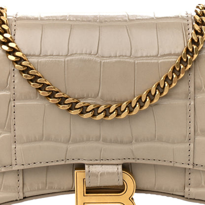 Balenciaga Shiny Calfskin Crocodile Embossed Hourglass Chain Bag Taupe 7 of 10