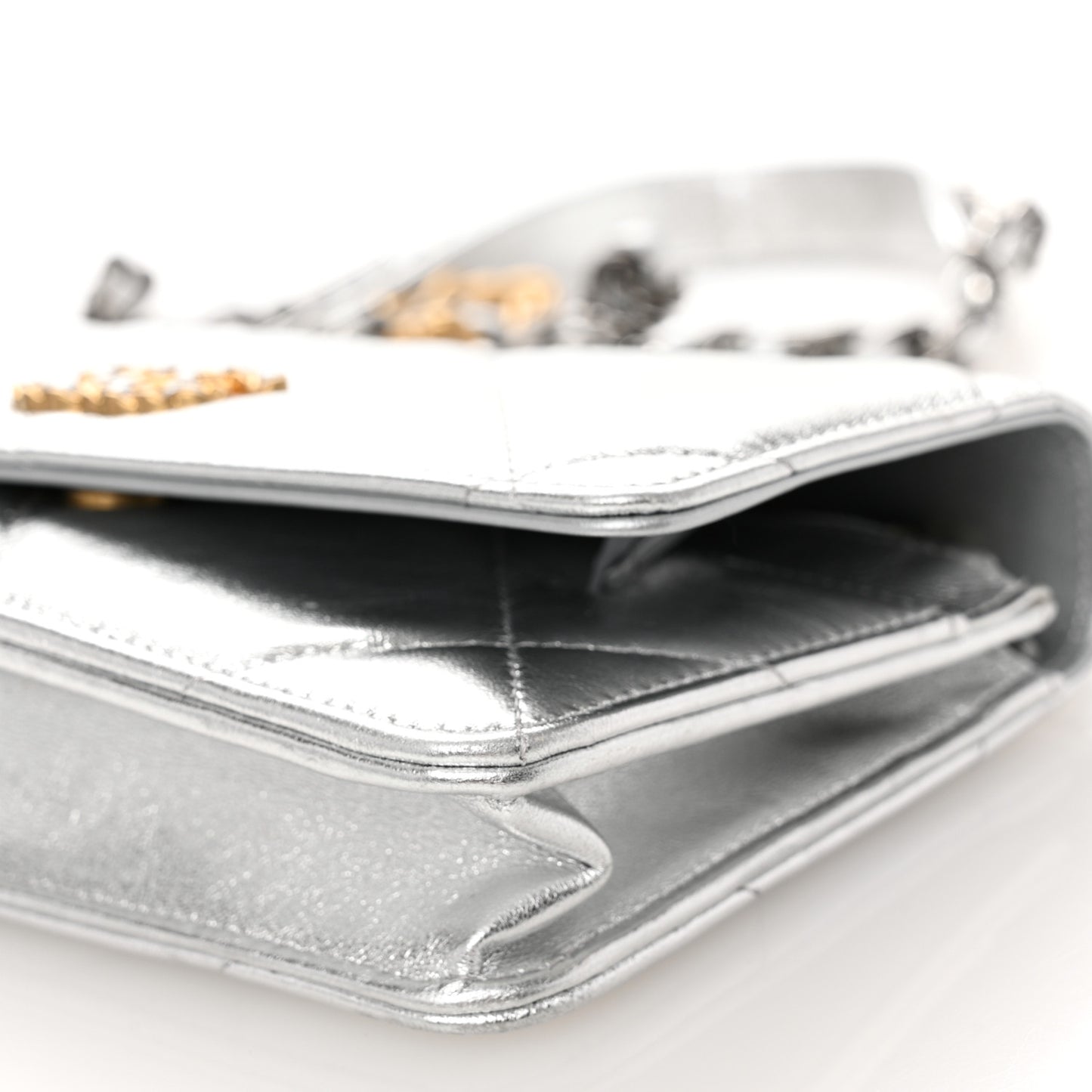 Metallic Lambskin Quilted Chanel 19 Wallet On Chain WOC Silver