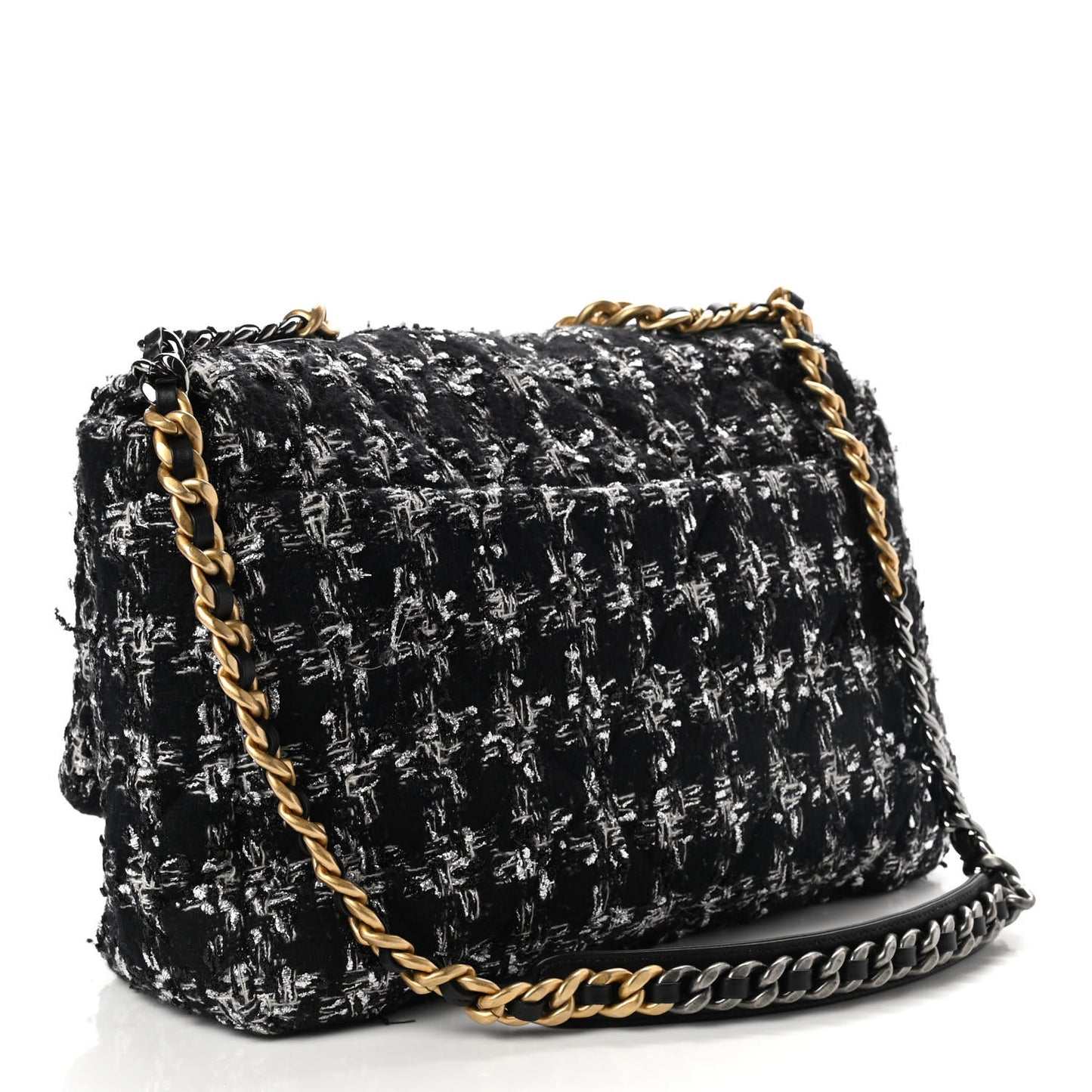 Tweed Quilted Maxi Chanel 19 Flap Black Silver Ecru