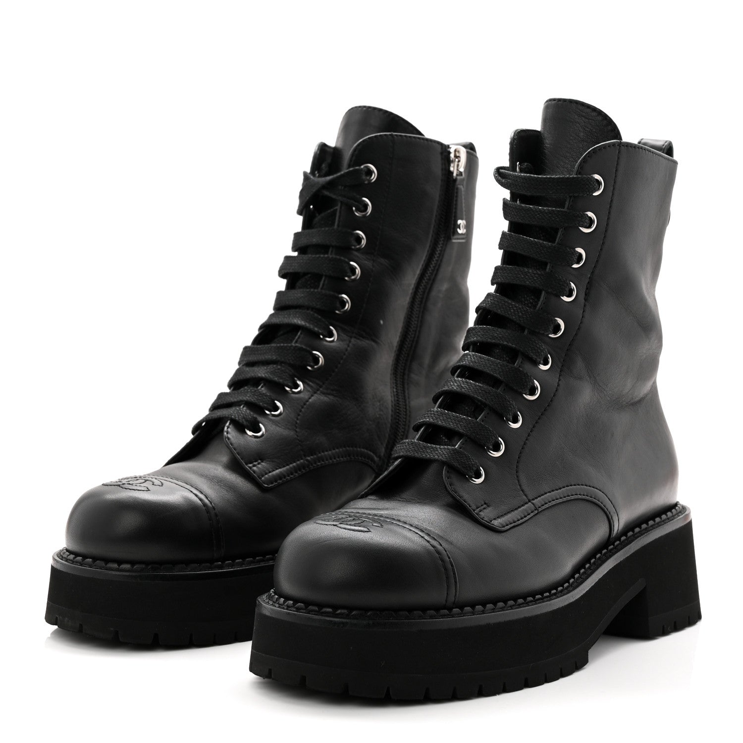 Chanel Calfskin Cap Toe Lace Up Combat Boots 39 Black 3 of 11