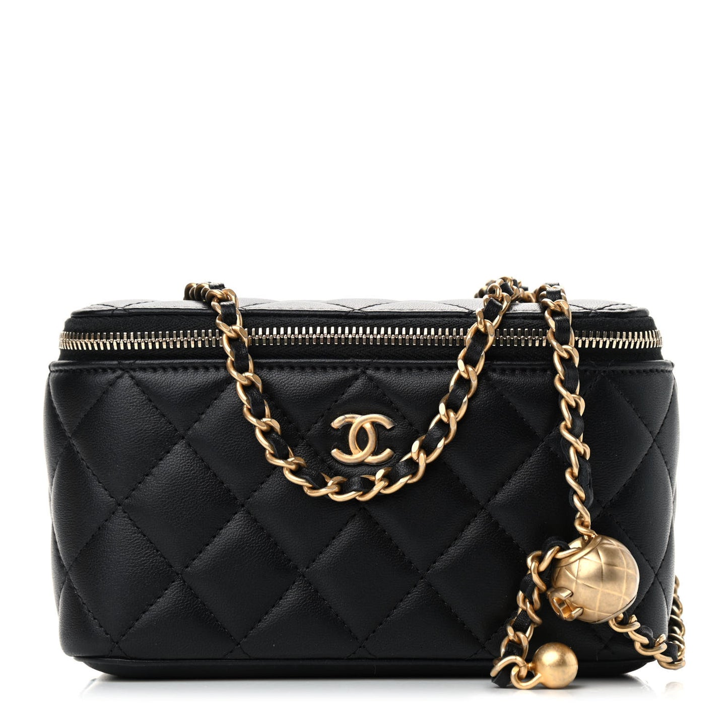Lambskin Quilted Pearl Crush Small Vanity Case With Chain Black