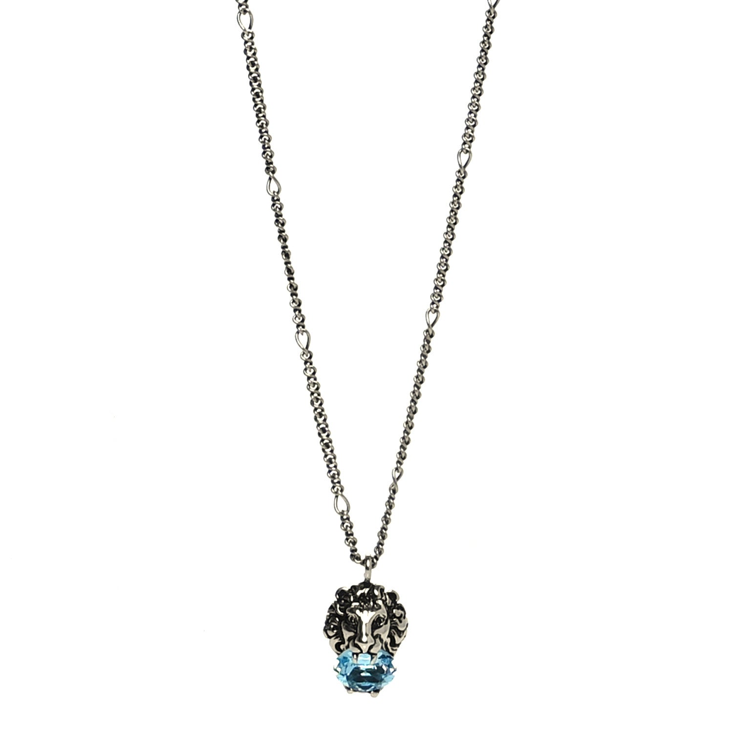 Gucci Metal Swarovski Crystal Lion Head Necklace Silver Blue 1 of 5