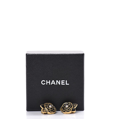 Chanel Enamel CC Camellia Clip On Earrings Black Gold 6 of 6