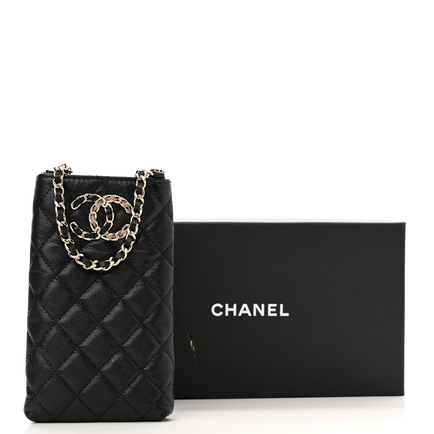 Caviar Quilted French New Wave Phone Holder With Chain Black