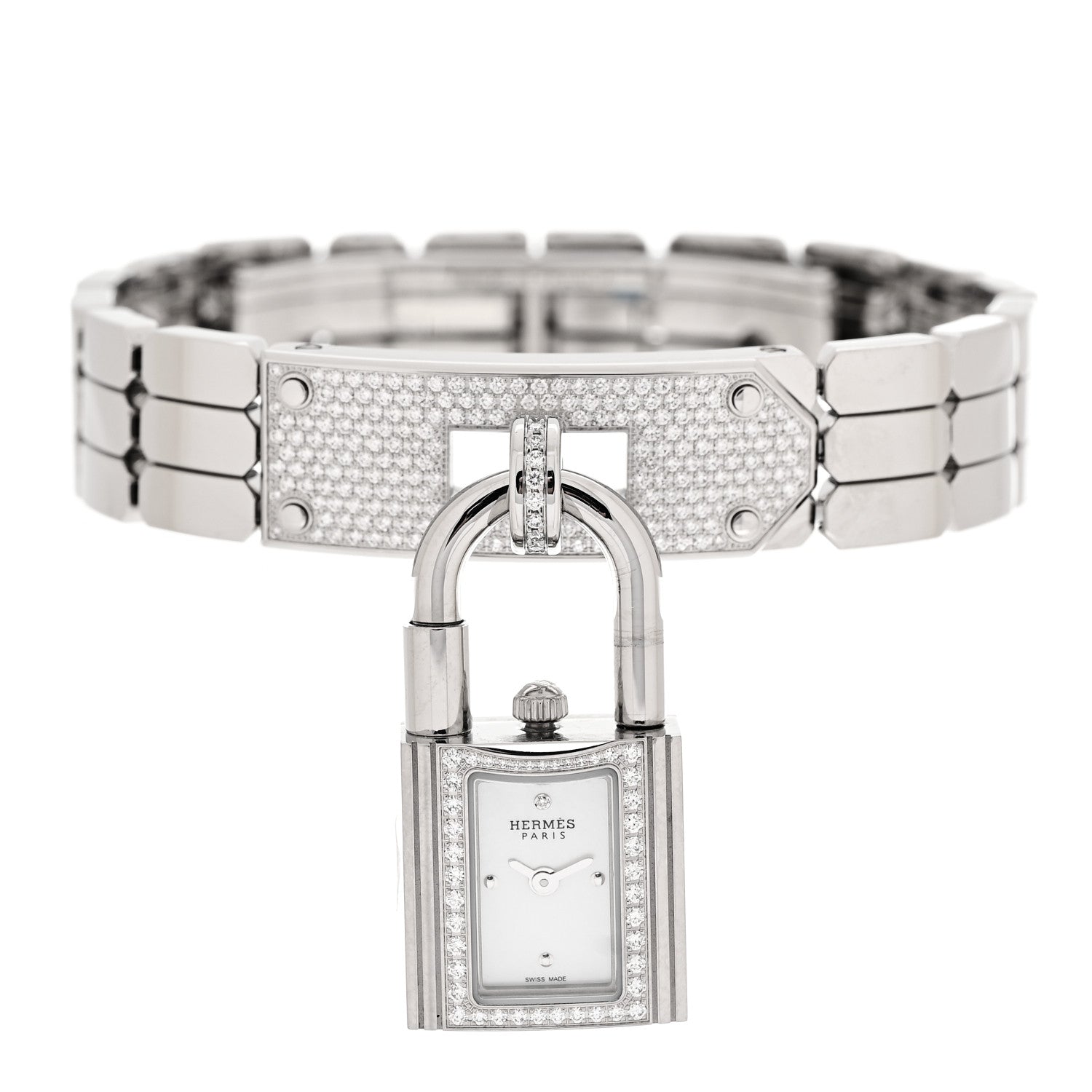Hermes Stainless Steel Diamond Pave 16mm Kelly Quartz Watch 2 of 5
