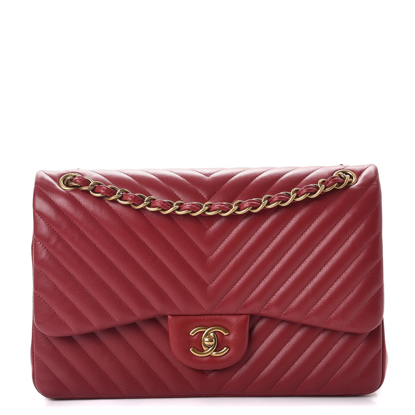Lambskin Chevron Quilted Jumbo Double Flap Dark Red