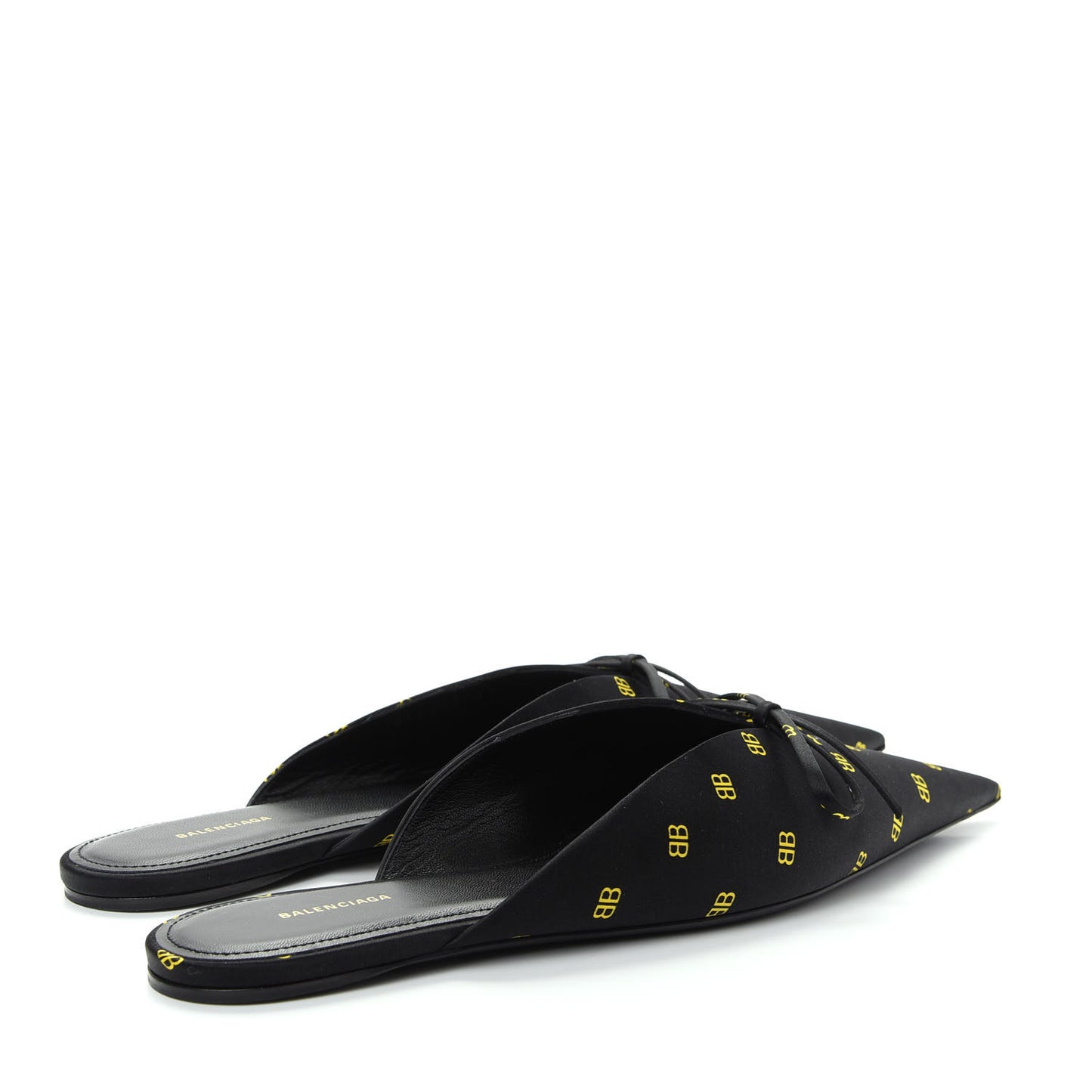 Crepe Satin BB Printed Pointy Toe Knife Flat Mules 37 Black Yellow Fluo