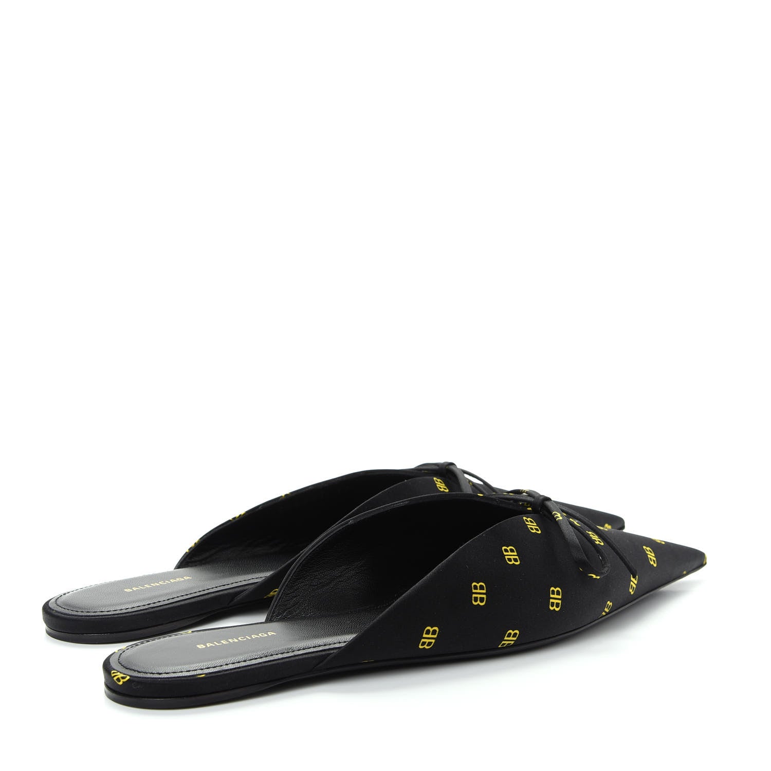 Balenciaga Crepe Satin BB Printed Pointy Toe Knife Flat Mules 37 Black Yellow Fluo 4 of 10