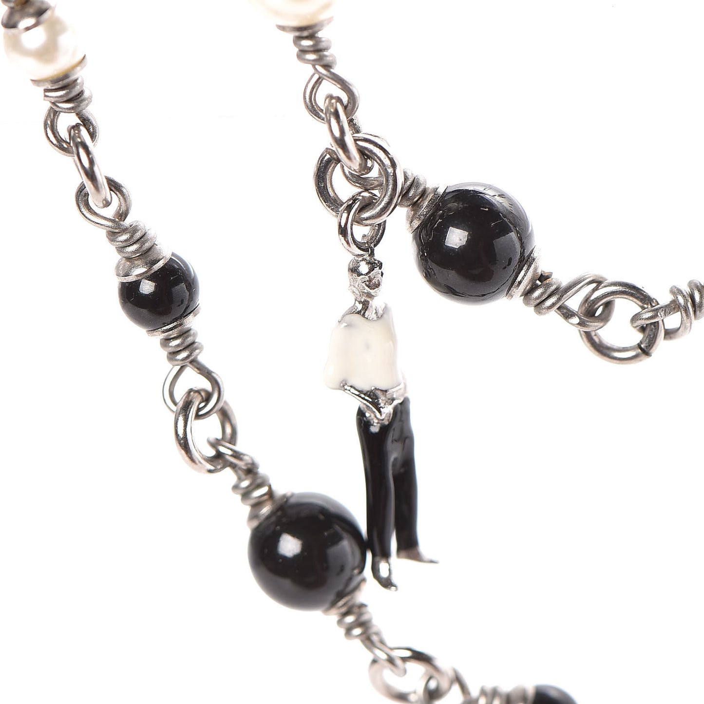 Pearl Beaded Enamel CC Coco Long Necklace Black Silver