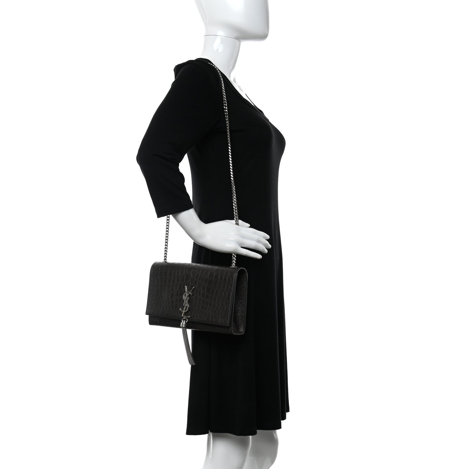 Saint Laurent Calfskin Crocodile Embossed Medium Classic Monogram Kate Tassel Satchel Dark Brown 2 of 10