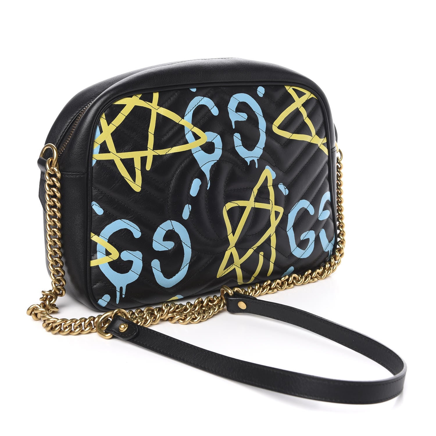 Gucci Calfskin Matelasse GucciGhost Medium GG Marmont Chain Shoulder Bag Black New Acquamarine 3 of 11