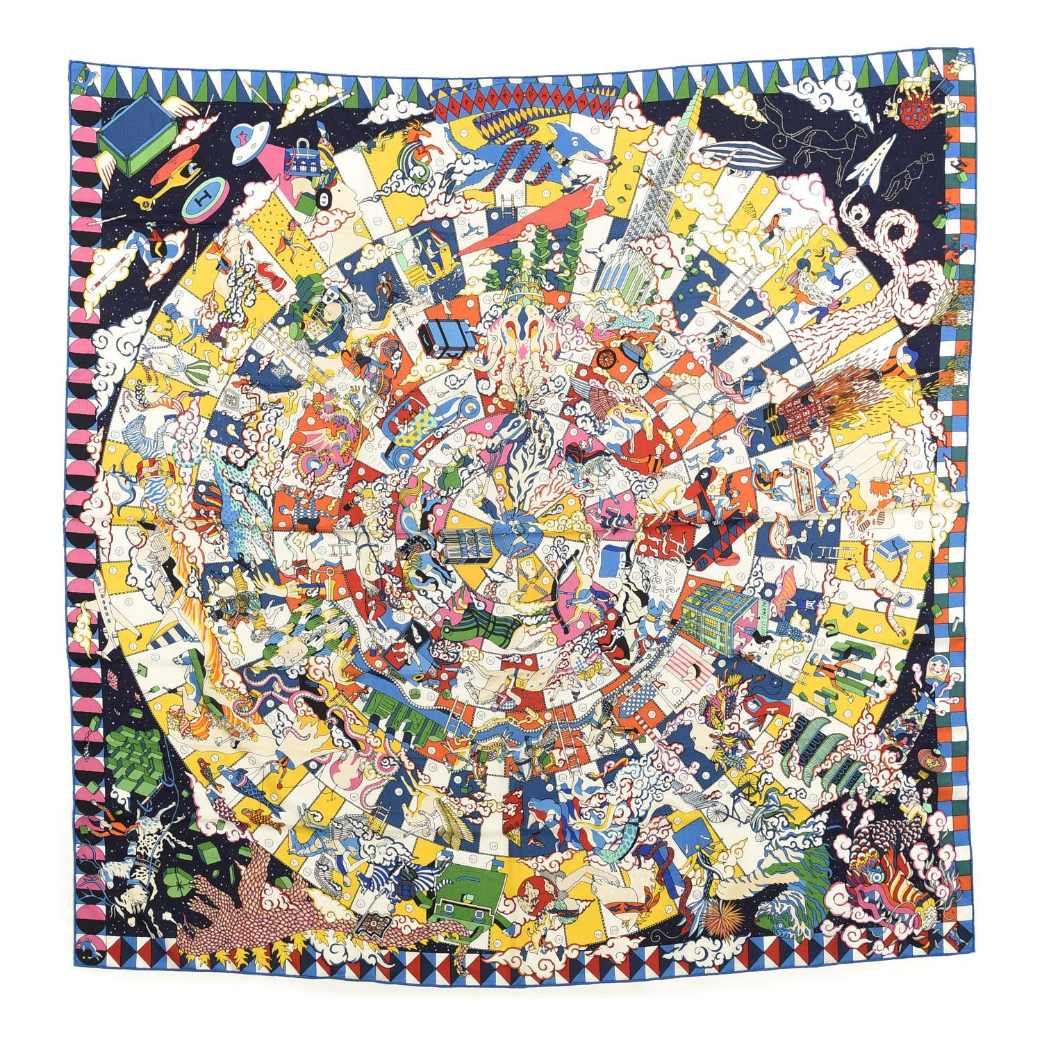 Hermes Cashmere Silk L'Epopee D'Shawl 140 Bleu Jaune Multicolore 1 of 3