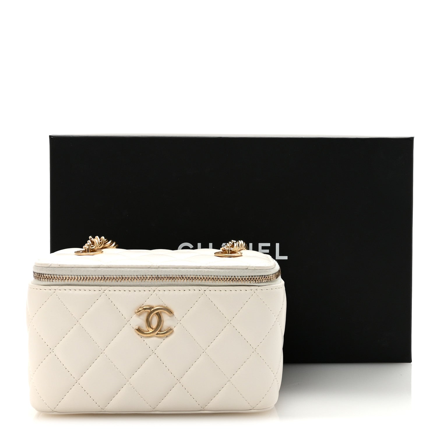 Chanel Lambskin Enamel Quilted Logo Small Vanity Case With Chain