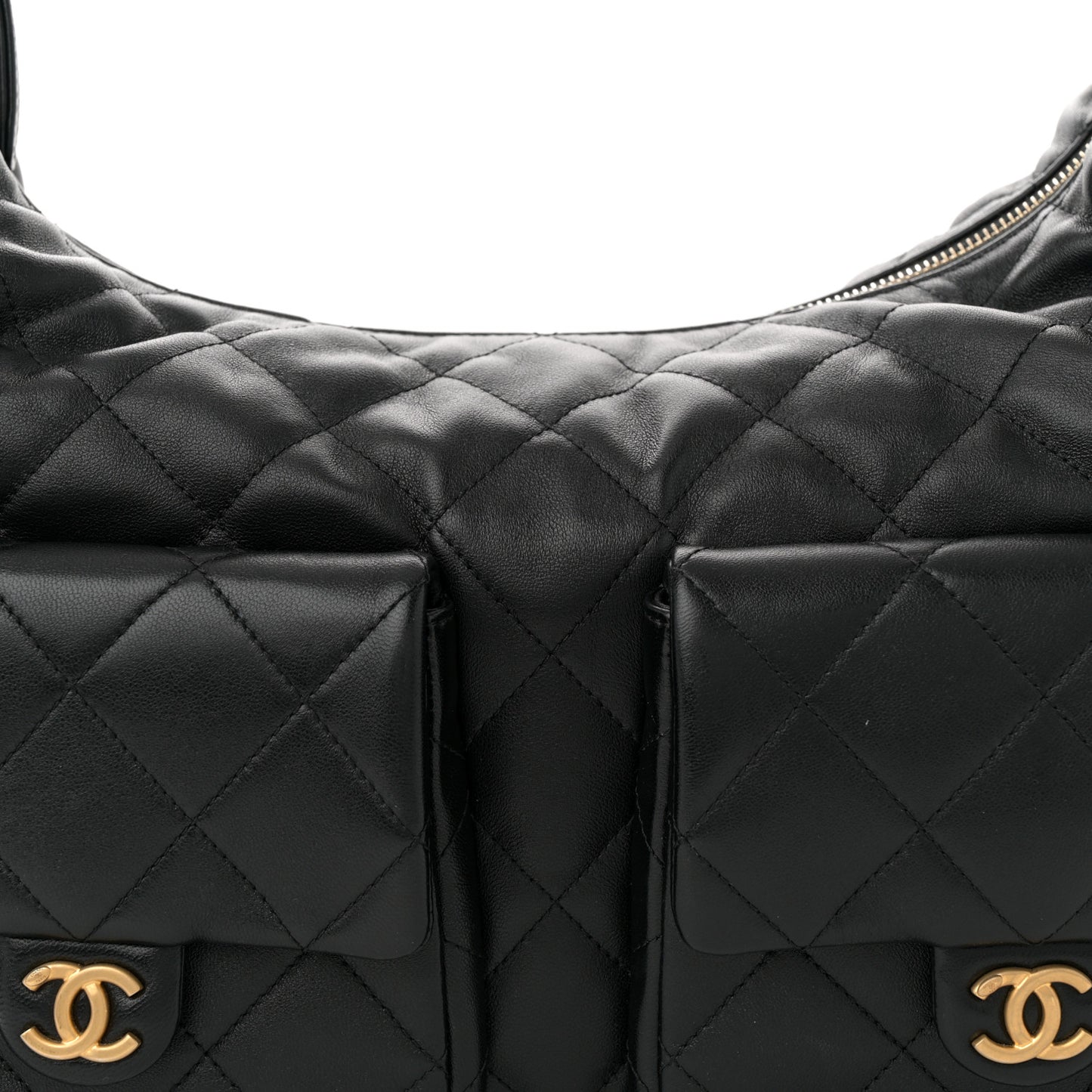 Shiny Lambskin Quilted Maxi Trendy Pockets Hobo Black