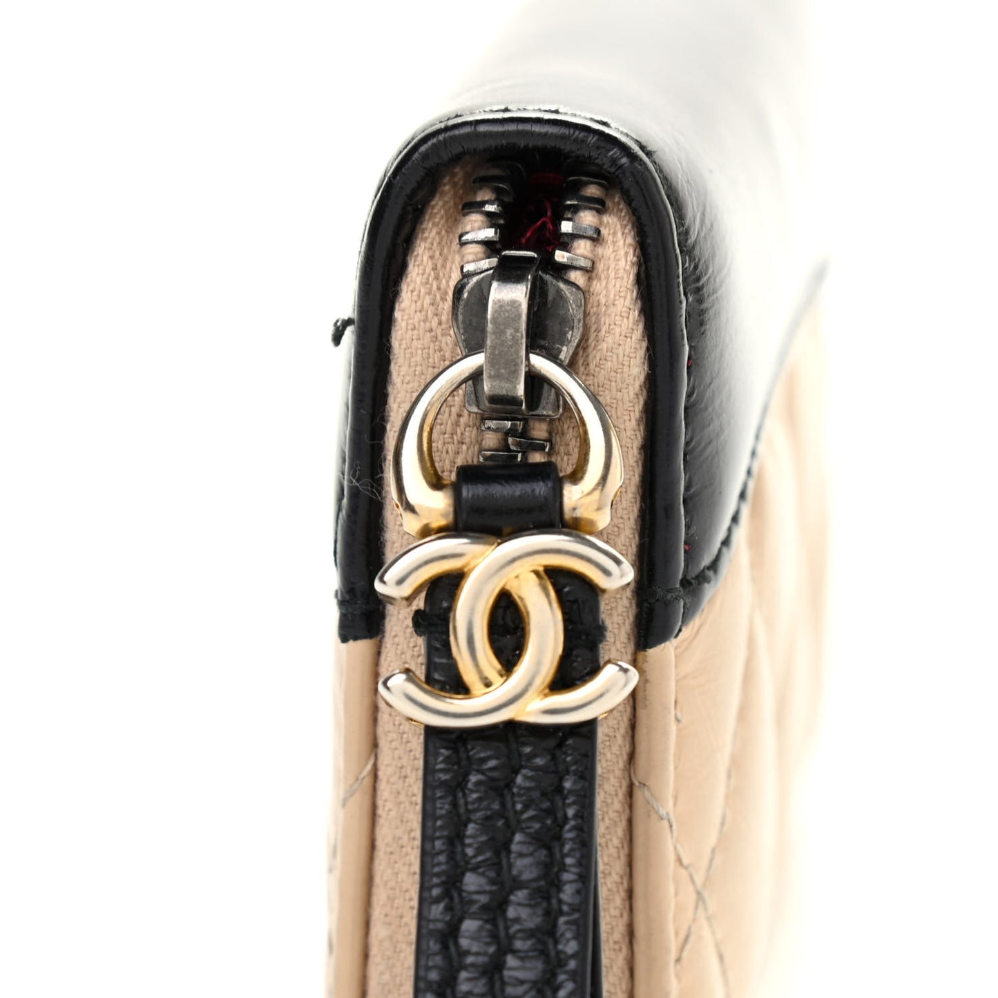 Aged Calfskin Quilted Gabrielle Zip Around Coin Purse Wallet Beige Black