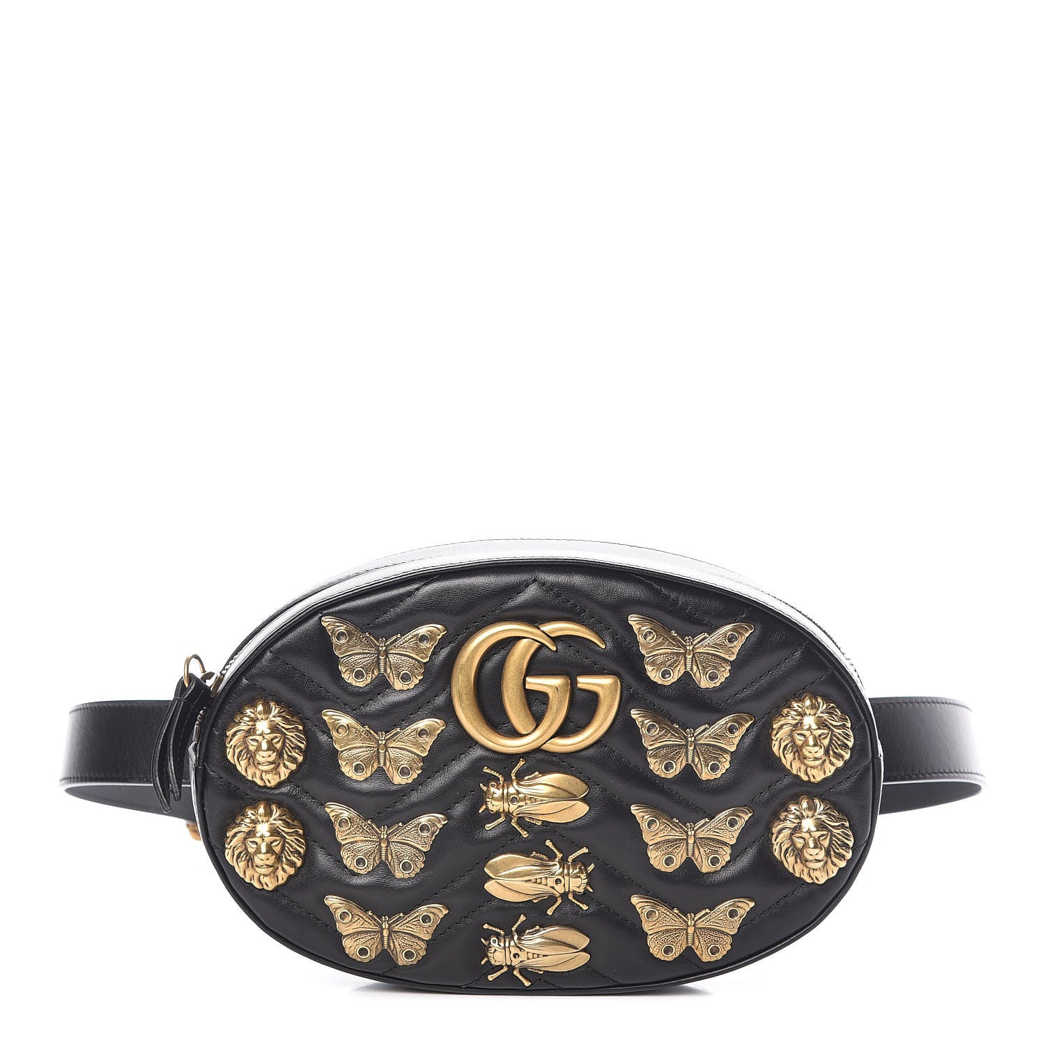 Gucci Calfskin Matelasse Animal Studs GG Marmont Belt Bag 85 34 Black 1 of 7