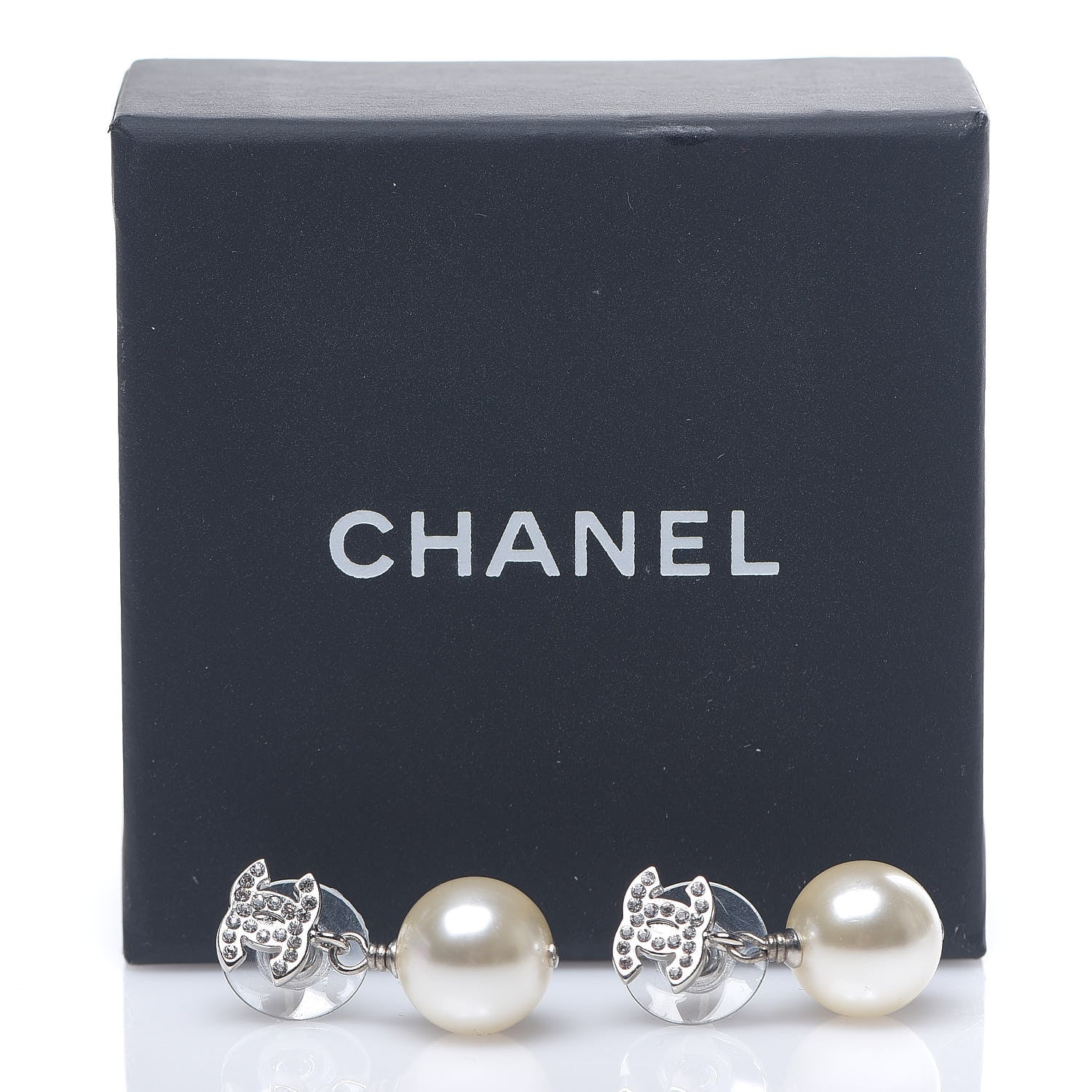 Chanel Crystal Pearl CC Drop Earrings Silver Pearly White 5 of 5