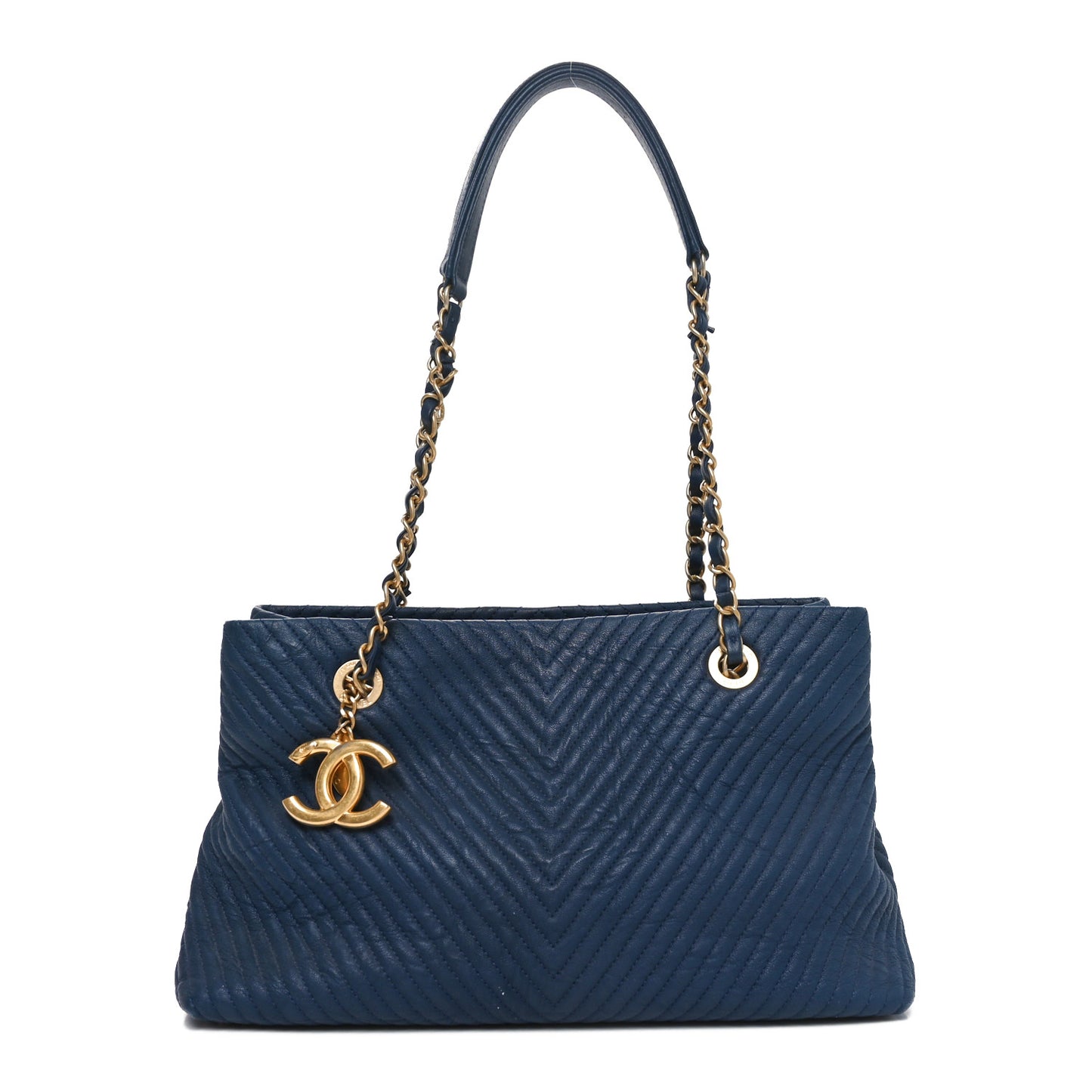 Wrinkled Lambskin Chevron Quilted Surpique Tote Navy Blue