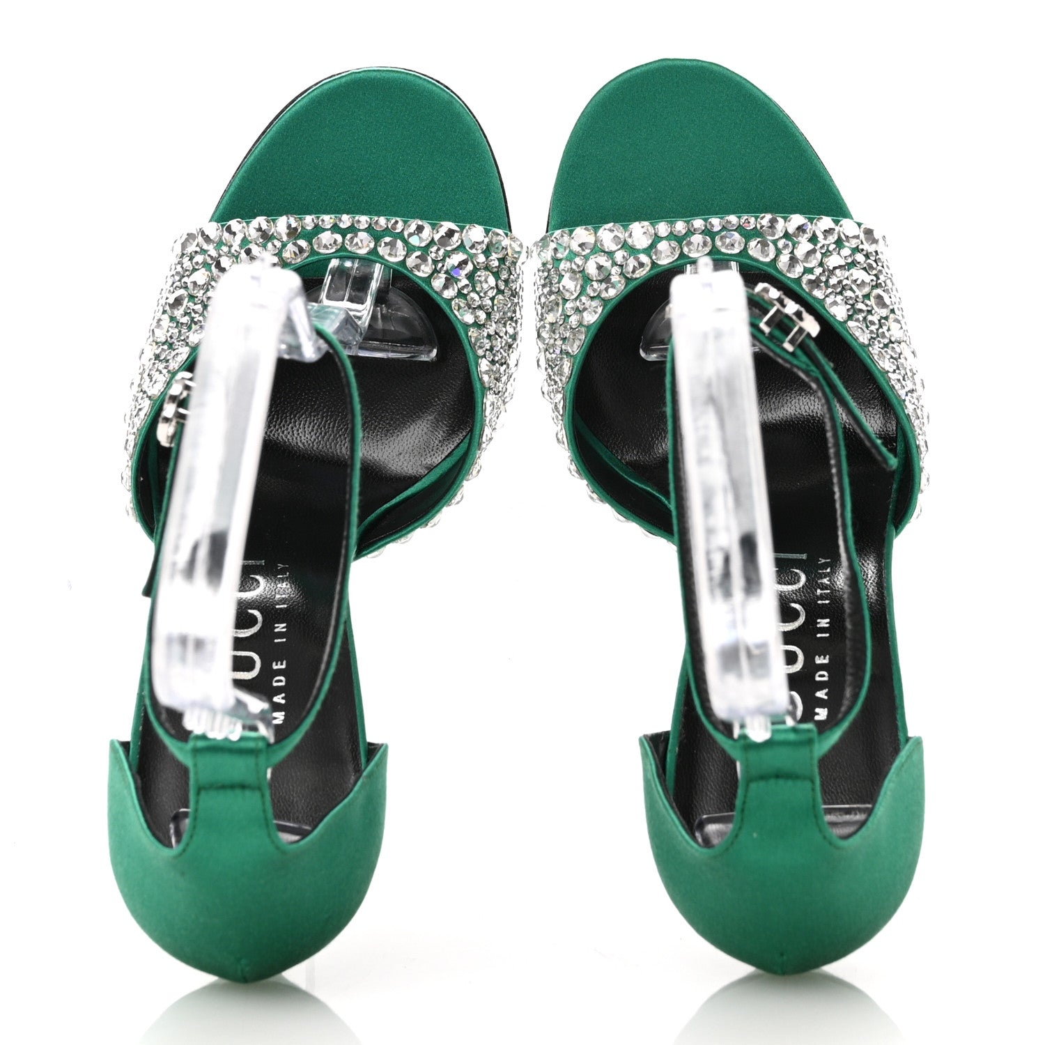 Gucci Satin Crystal Ankle Strap Sandal Pumps 39.5 Emerald 2 of 9