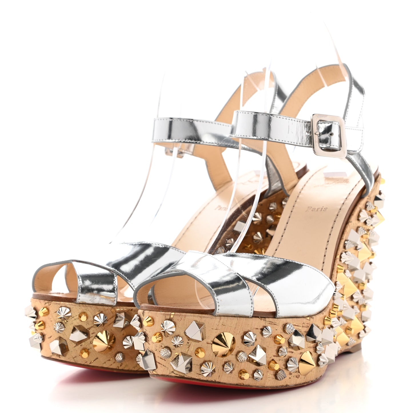 Calfskin Lame Cork Almericca 120 Studded Wedge Sandals 42 Silver