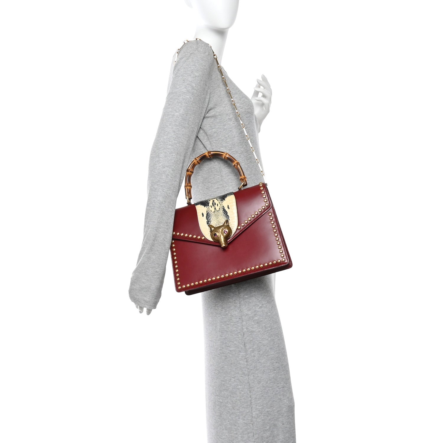 Gucci Glossy Calfskin Snakeskin Studded Fox Broche Bamboo Top Handle Bag Red 2 of 11