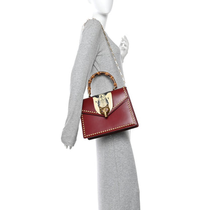 Gucci Glossy Calfskin Snakeskin Studded Fox Broche Bamboo Top Handle Bag Red 2 of 11