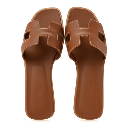 Hermes Box Calfskin Oran Sandals 36.5 Gold 2 of 10