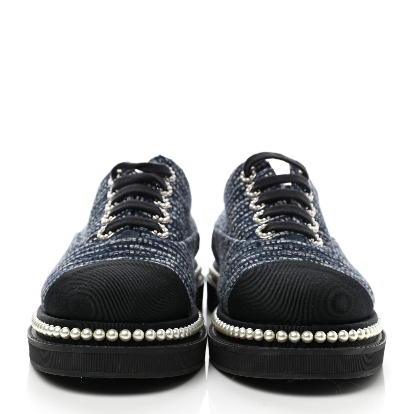 Denim Grosgrain Camellia Pearl Lace Up Sneakers 37.5 Blue Black