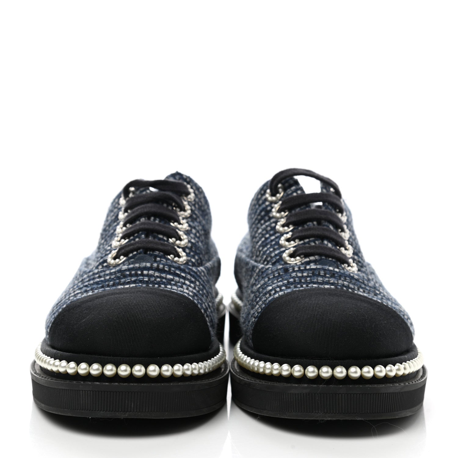 Chanel Denim Grosgrain Camellia Pearl Lace Up Sneakers 37.5 Blue Black 2 of 9
