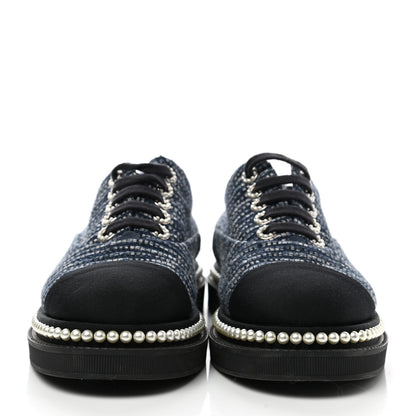 Chanel Denim Grosgrain Camellia Pearl Lace Up Sneakers 37.5 Blue Black 2 of 9