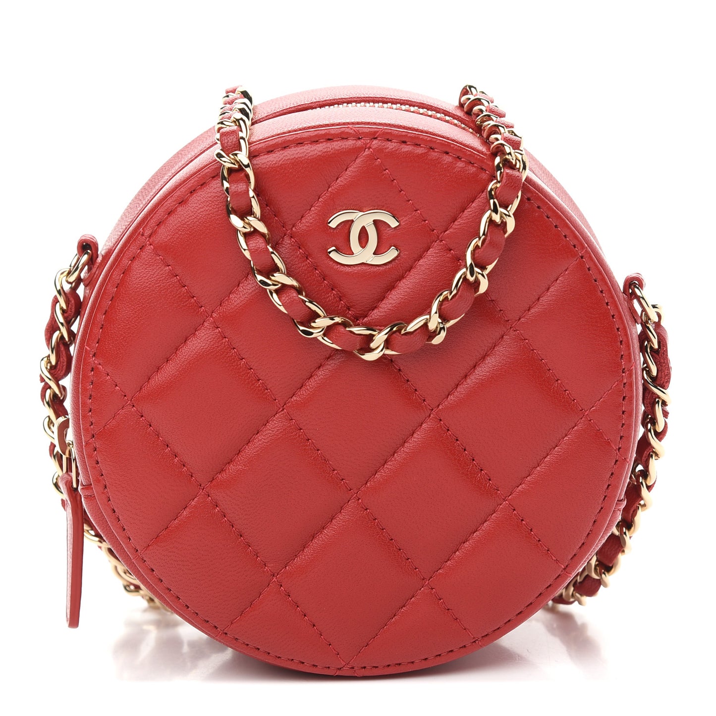 Lambskin Quilted Round Clutch With Chain Red