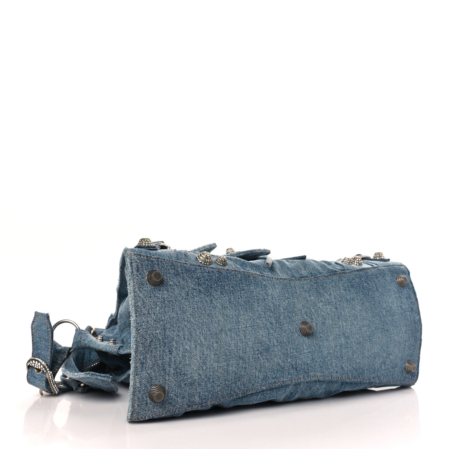 Washed Frayed Denim Crystal Neo Cagole City Handbag Blue