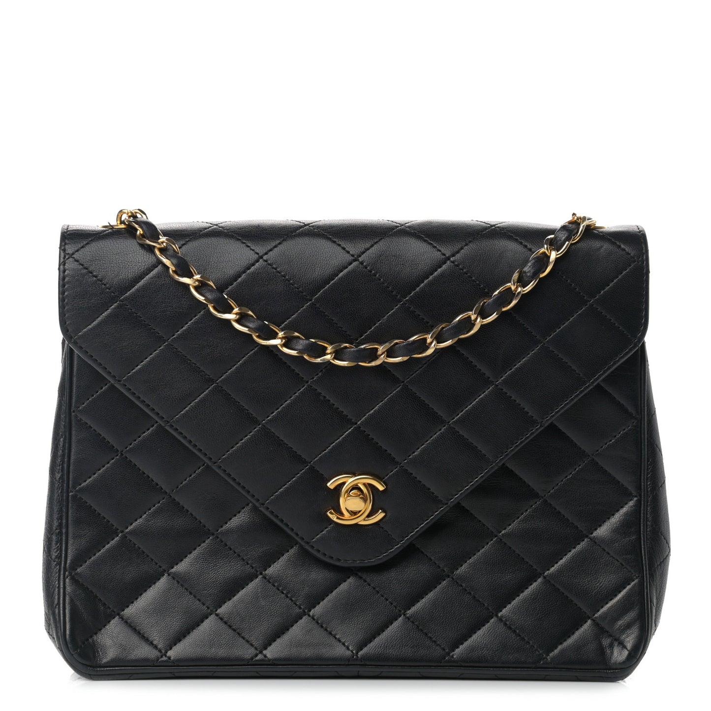 Lambskin Diamond Stitch Envelope Single Flap Black