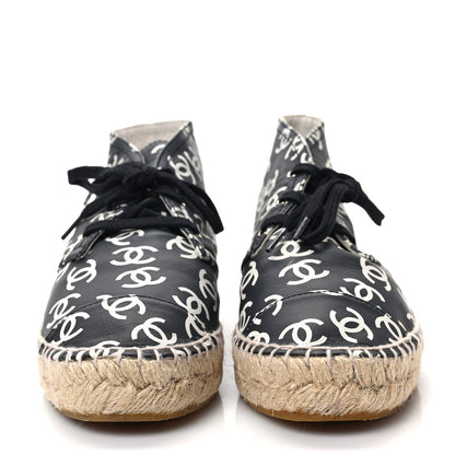 Chanel Lambskin Printed CC Lace Up Espadrilles 35 Black White 2 of 9