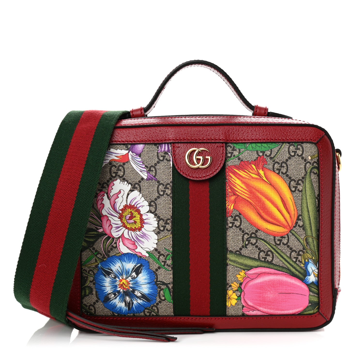 Gucci GG Supreme Monogram Flora Web Small Ophidia Top Handle Shoulder Bag Hibiscus Red 1 of 13