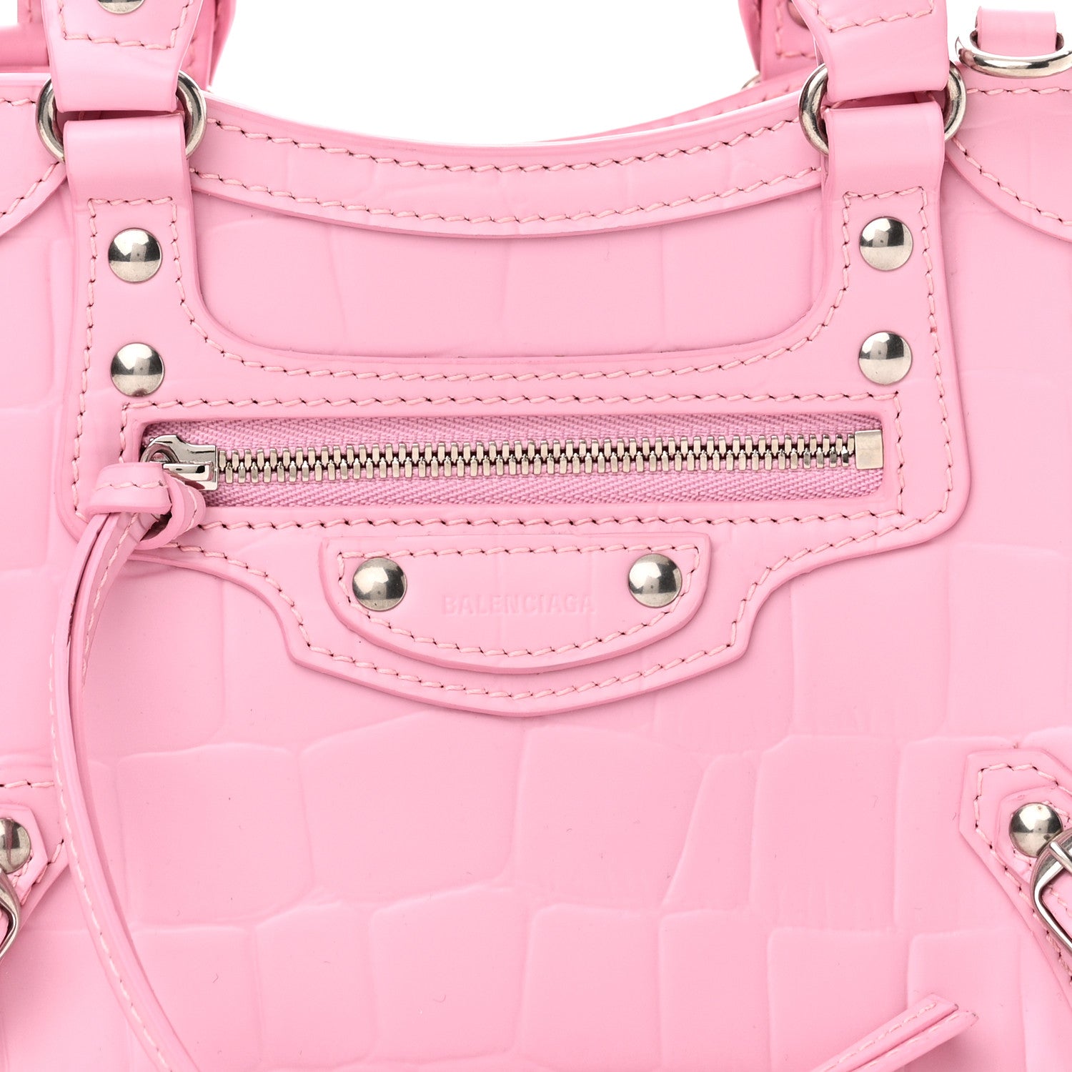 Balenciaga Semi Shiny Calfskin Crocodile Embossed Neo Classic Silver Hardware Mini City Pink 7 of 11